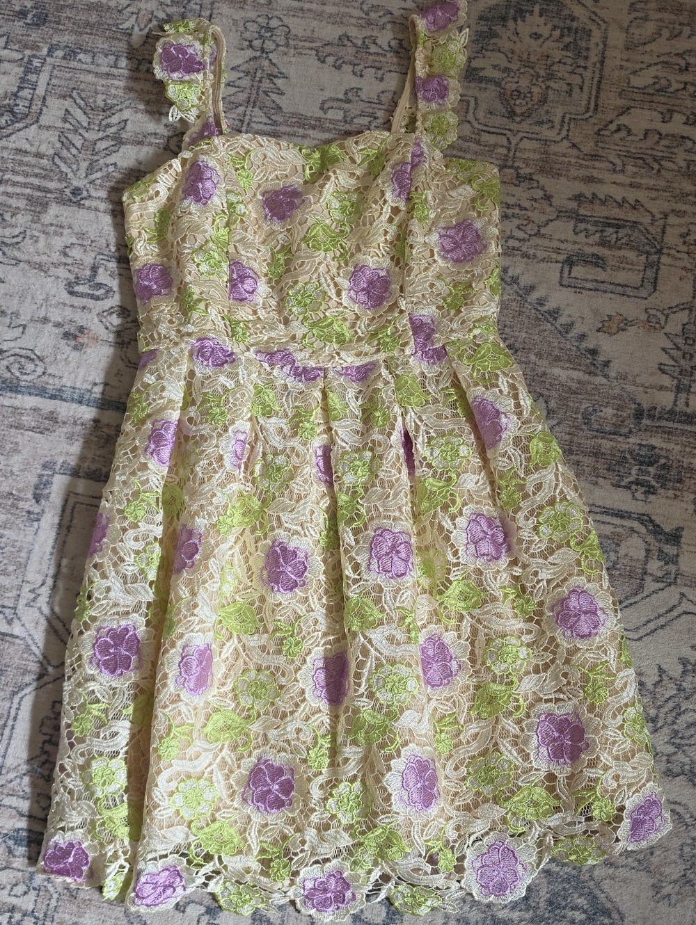 New Just Me Womens Size Medium  Floral Lace Sundress in Lavender & Lime.